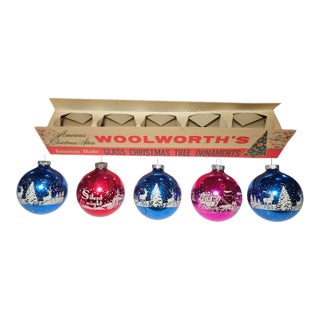1950s Set of 5 Vintage Woolworth, “ Shinny Brite” Ornaments in Original Box For Sale