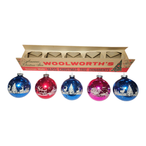 1950s Set of 5 Vintage Woolworth, “ Shinny Brite” Ornaments in Original Box