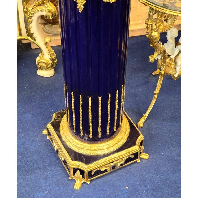 Grand Sevres-Style Midnight Blue Porcelain Vase on Pedestal With Gold Leaf & Bronze Details For Sale - Image 9 of 10