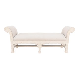 Colonial Style Carved Wood Upholstered Bench For Sale