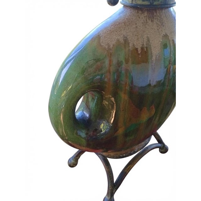 Metal Artisan Glazed Ceramic Vase on Wrought Iron Stand With Sculptural Horn Accent For Sale - Image 7 of 10