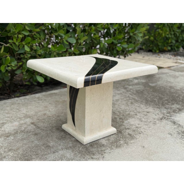 1990s 1990 Postmodern Pedestal Accent Table With Black & Brass Inlay For Sale - Image 5 of 11