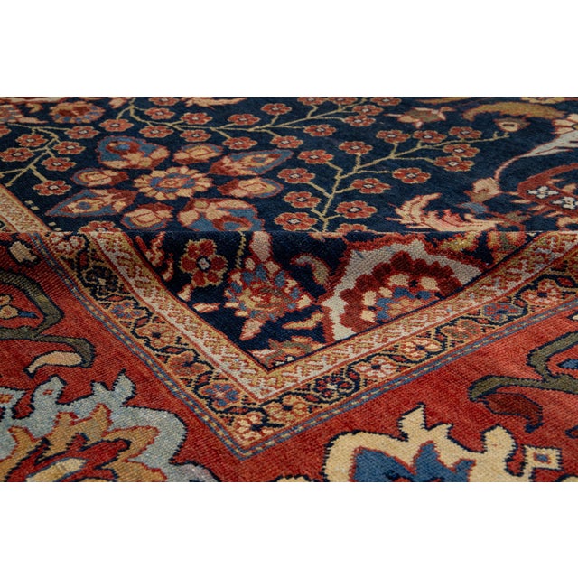 1880s Antique Floral Persian Sultanabad Wool Rug in Dark Blue For Sale - Image 10 of 12
