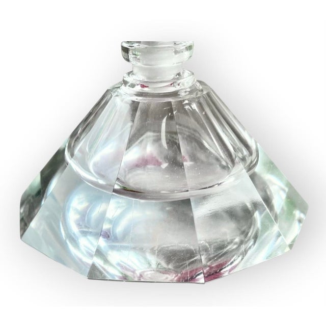 Czechoslovakian Art Deco Paneled Crystal Perfume Bottle Frosted Crystal Stoppe For Sale - Image 11 of 13