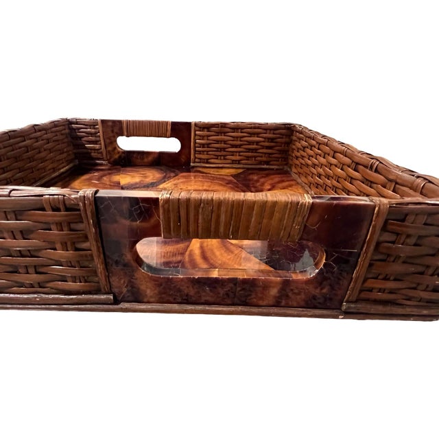 1970s Vintage Mid Century Modern Penshell Rattan Woven Serving Bar Tray Palecek Boho For Sale - Image 5 of 11