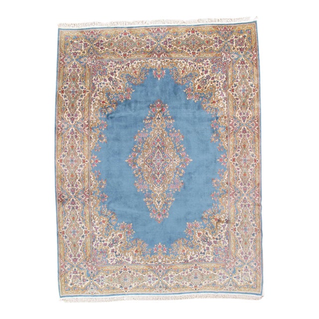 Antique Kerman Carpet, Fine Persian Oriental Rug Light Blue, Ivory, Gold, Green For Sale