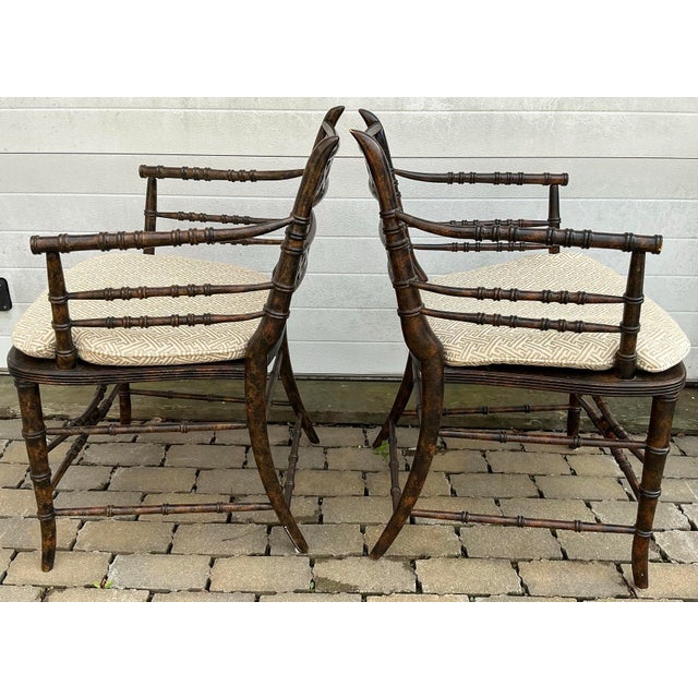 Traditional Pair of Regency Style Faux-Bamboo Faux-Painted Caned Seat Arm Chairs by Baker Furniture. For Sale - Image 3 of 12