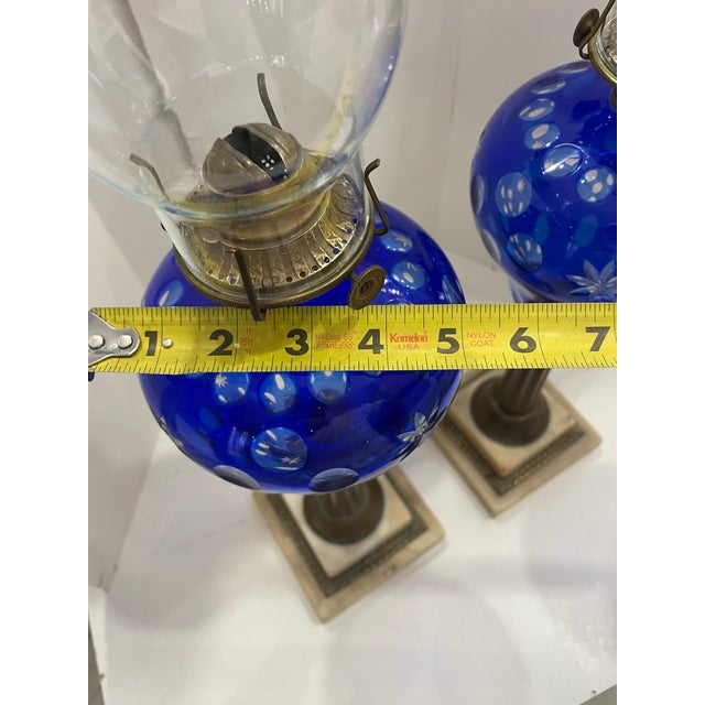 Victorian Late 19th Century Cut to Clear Cobalt Blue Oil Lamps W/Brass & Marble Bases - a Pair For Sale - Image 3 of 12