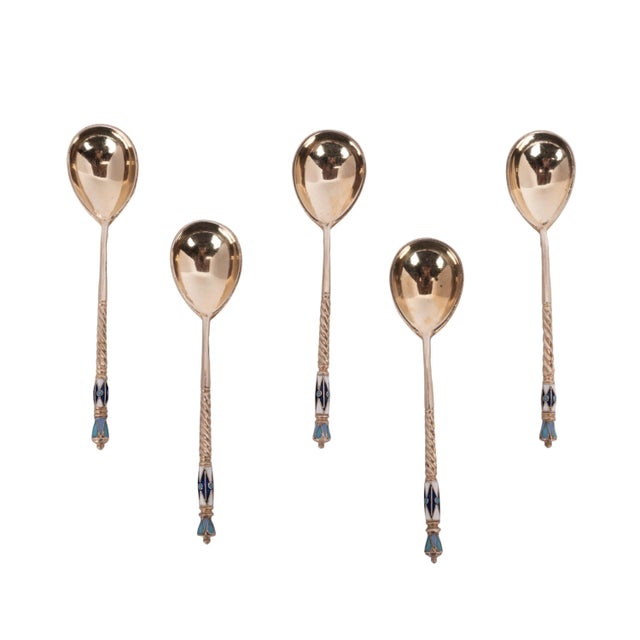 Antique Set Imperial Russian Silver Gilt Cloisonne Spoons Feodosii Pekin Moscow - 5 Pieces For Sale - Image 4 of 11