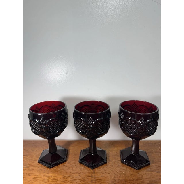 Vintage Ruby Red Pressed Glass Goblets Diamond Pattern Pedestal Stemwar - Set of 3 For Sale - Image 4 of 18