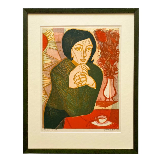 Irving Amen Vintage 1965 Mid Century Modern " Summer " Limited Edition Framed Hand Signed Original Fine Art Woodcut Print For Sale