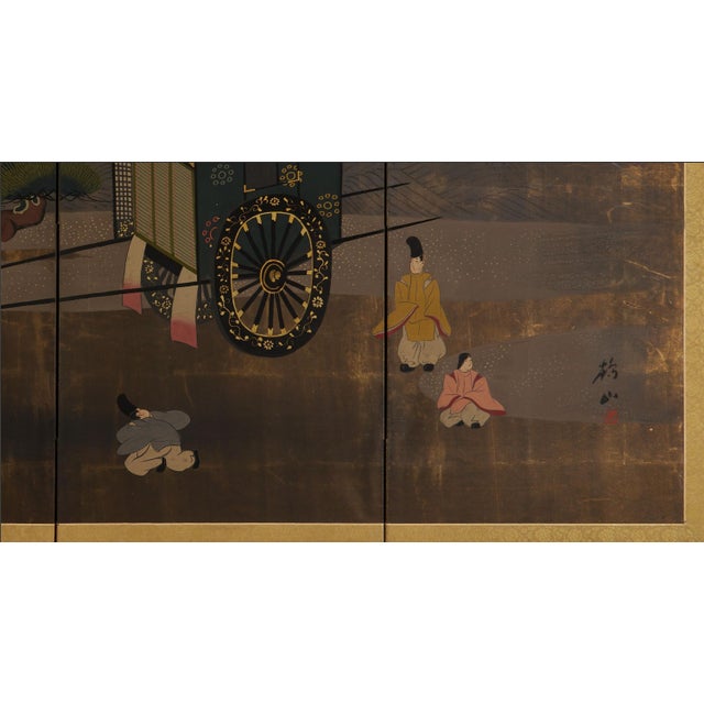 Early 20th Century Japanese Painted Screen, Landscape W/ Rikshaw & Figures For Sale - Image 5 of 11