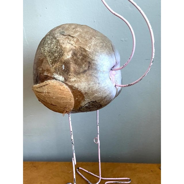 Wood Vintage Coconut and Metal Flamingo Sculpture For Sale - Image 7 of 12