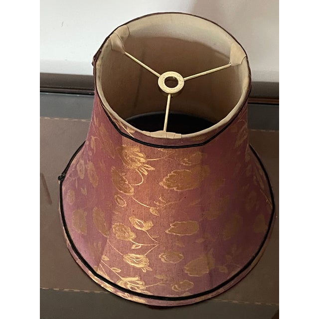 Fortuny style gold brokade floral textile lamp shade in bell shape.
