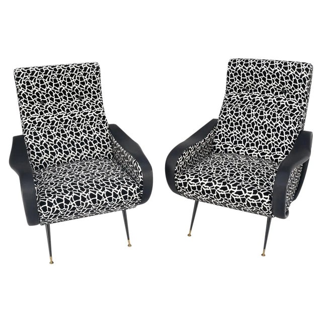 Pair Black & White Pattern Fabric Italian Mid Century Modern Lounge Chairs For Sale - Image 13 of 13