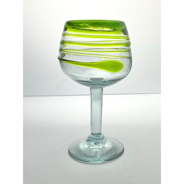 Set of 4 Lime Green Swirl Handblown Mexican Margarita, Water, Wine Glasses For Sale - Image 4 of 6