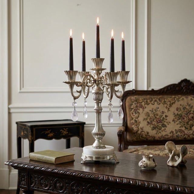 Vintage mid century five arm candelabra with ornate Rococo and Victorian style design. Silver tone metal with scrolled...