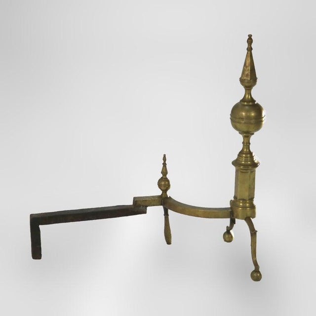 Early 19th Century Pair Antique Federal Brass & Wrought Iron Lemon Top Andirons C1810 For Sale - Image 5 of 5