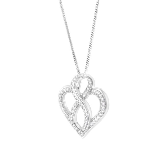 Contemporary 14K White Gold 1/4 cttw Round Cut Diamond Heart and Ribbon Center Pendant Necklace (H-I, I1-I2) For Sale - Image 3 of 5