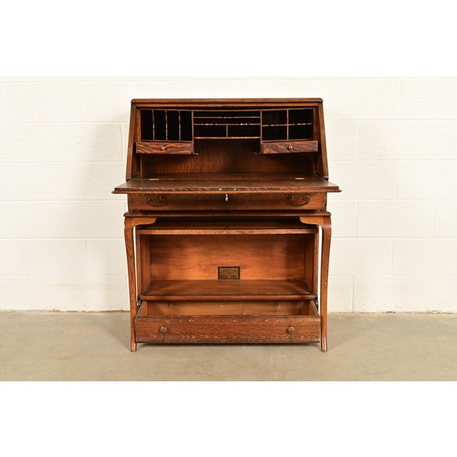 Globe Wernicke Globe Wernicke Antique Mission Oak Arts & Crafts Slant Front Secretary Desk With Barrister Bookcase, Circa 1910 For Sale - Image 4 of 16
