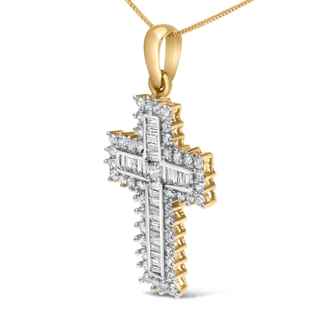 Contemporary 14K Yellow Gold 2.0 Cttw Multi-Row Diamond Cross Pendant Necklace For Sale - Image 3 of 5