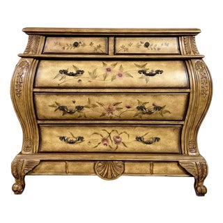 Vintage Painted Floral Bombe Chest of Drawers For Sale