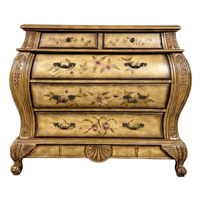 Vintage Painted Floral Bombe Chest of Drawers For Sale