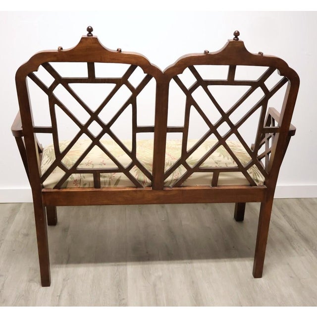 Vintage Chinese Chippendale Style Double-Back Walnut Settee With Botanical Upholstery For Sale - Image 10 of 10