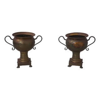 Pair Mottahedeh 19th Century Brass Handled Urns For Sale