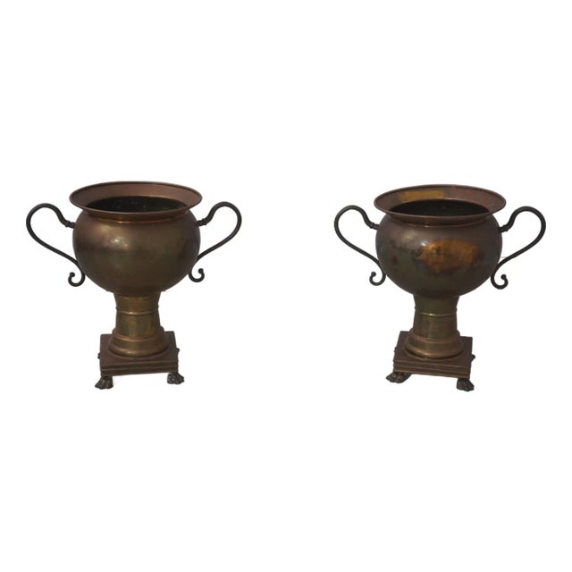Pair Mottahedeh 19th Century Brass Handled Urns For Sale
