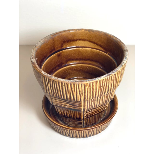 McCoy Pottery 1940s - 1960s "Light Brown" Mid Century Flower Pot And Saucer Bark Basket Weave Design, Small, Light Brown...