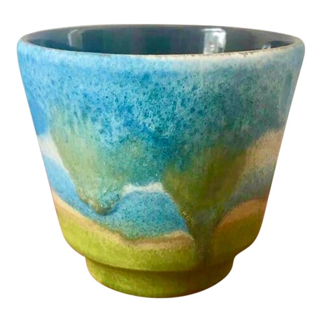 Mid Century Modern Blue and Green Pottery Vase / Cachepot From Germany For Sale