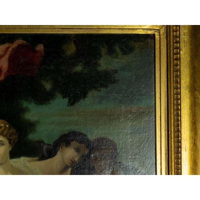 A great painting of a classic mythology scene. Diana the goddess and the nymphs Uraniaand Calliope with a hunting dog....