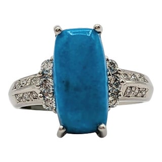 Turquoise Oval Cabochon and White Diamond Ring in Platinum, size 5.75 For Sale