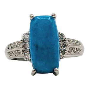 Turquoise Oval Cabochon and White Diamond Ring in Platinum, size 5.75