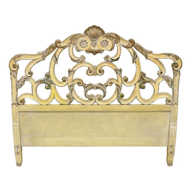 Vintage French Rococo Distressed Cream Painted Queen Size Wood Bed Headboard For Sale