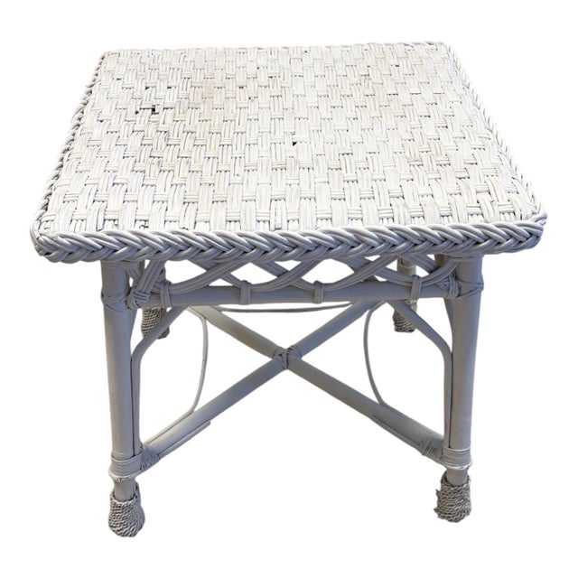 Vintage Palecek White Wicker & Rattan Boho Coastal Occasional Side Table For Sale - Image 9 of 11