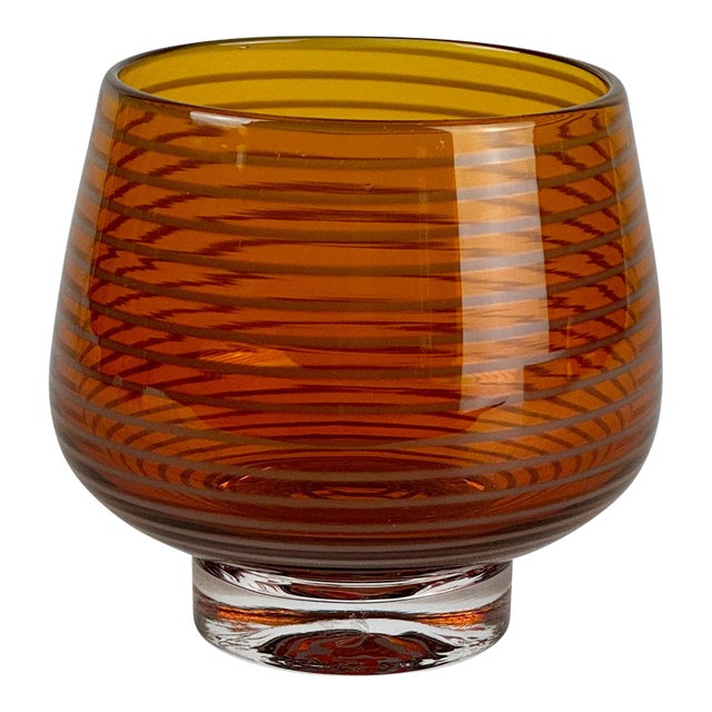 Vintage Signed Hand Blown Small Round Glass Vase in Amber Color With White Swirling Stripe For Sale