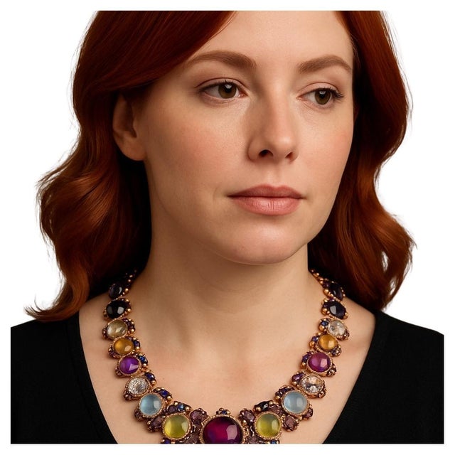 Bochic “Capri” Vintage Natural Ruby, Sapphire, Amethyst, Aquamarine & Peridot - Necklace and Earrings Set Made in 18K Gold...