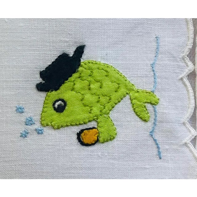 Modern Vintage Madeira Linen Appliqué School of Fish Cocktail Napkins, Set/4 For Sale - Image 3 of 5
