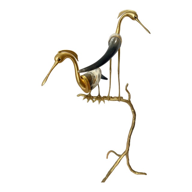 Italian Perched Birds Sculpture With Natural Horns & Dore Bronze, Hauy Pouigo 34" For Sale