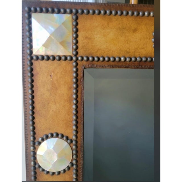 Maitland - Smith ​vintage Grand Scale Studded Leather and Mother-of-Pearl Inset Wall Mirror For Sale - Image 4 of 12