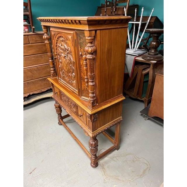 Jacobean Antique Hand Carved Dresser Cabinet, Berkey & Gay, Jacobean Revival, Walnut and Burl Wood For Sale - Image 3 of 10