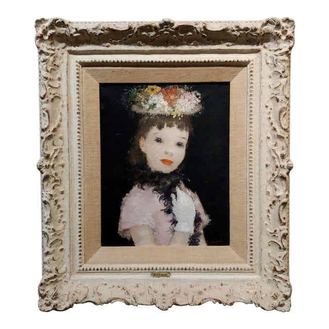 Dietz Edzard -Portrait of a Girl in Pink Dress & Hat of Flowers-Oil Painting For Sale