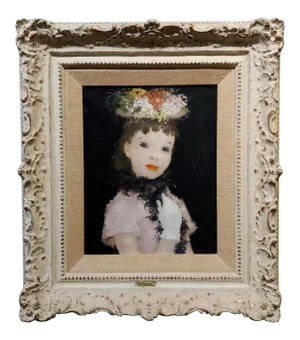 Dietz Edzard -Portrait of a Girl in Pink Dress & Hat of Flowers-Oil Painting