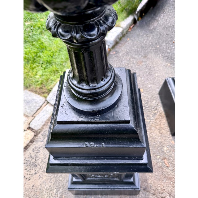 Large Antique Black Cast Iron Garden Urns on Pedestals, Pair, Circa 1900 For Sale - Image 13 of 18