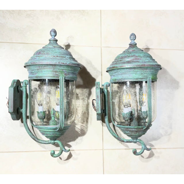 Pair of Vintage Solid Brass Wall Lanterns /Sconces 22”x10”x11”.5 For Sale In Miami - Image 6 of 16