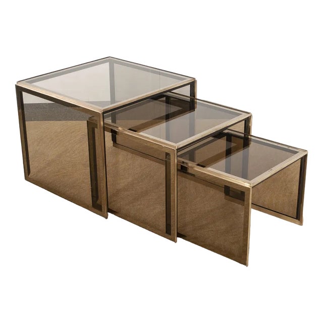 Nesting Tables in ​​Brass and Smoked Glass by Renato Zevi, 1960s-1970s, Set of 3 For Sale