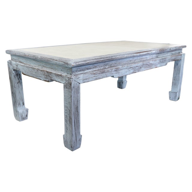Vintage Swedish Blue-Grey Wash Wood Coffee Table With Ming Style Leg and Shagreen Top For Sale - Image 10 of 17