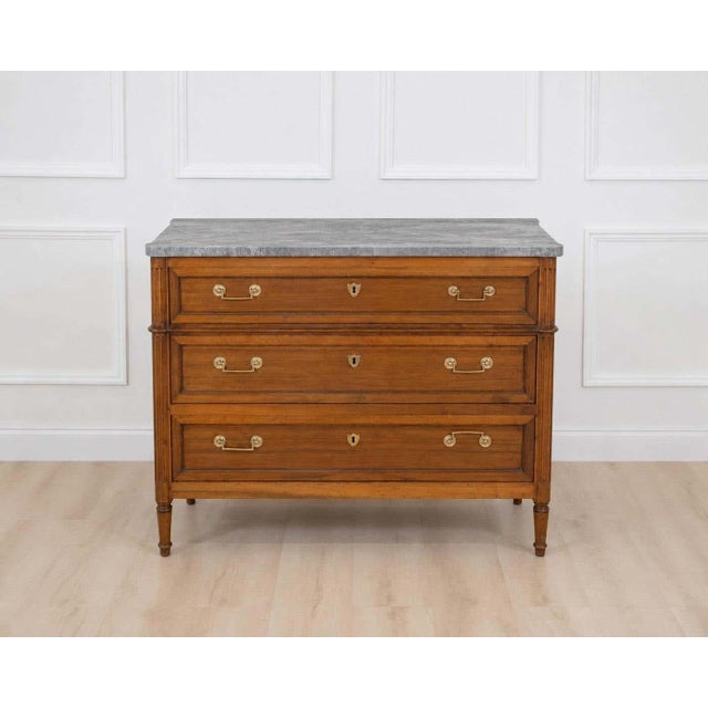 18th Century French 18th Century Louis XVI Walnut Marble-Top Chest of Drawers For Sale - Image 5 of 9